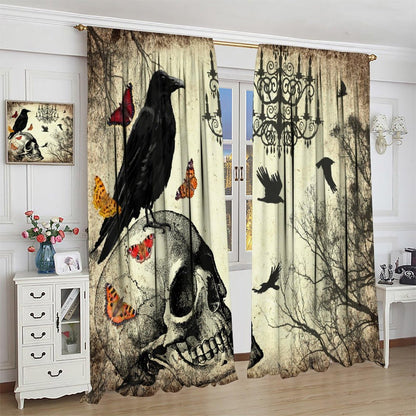 JanJCurt Halloween Skull Curtains, Vintage Newspaper Misty Forest Gothic Scary Black Crow Print Thermal Insulation Blackout Window Treatments for Kids Boys Bedroom Living Room, W42xL45in