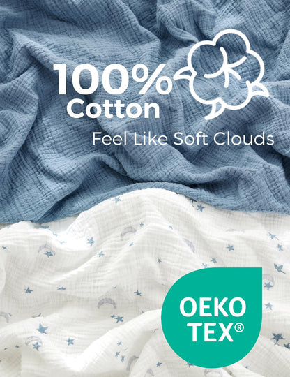 Momcozy Muslin Standard Fitted Crib Sheets, 52"x28", 2 Pack Soft Breathable Natural Cotton Baby Mattress Sheet, 360° Mattress Wrapping No Slip Boys Girls Neutral Toddler Bed Sheet, Blue Star Moon