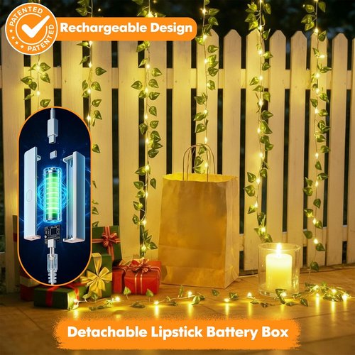 Lakumu Fairy Lights - 33ft 100 LED Rechargeable Pothos String Lights with Timer | Warm White for Bedroom, Garden, Party Decor