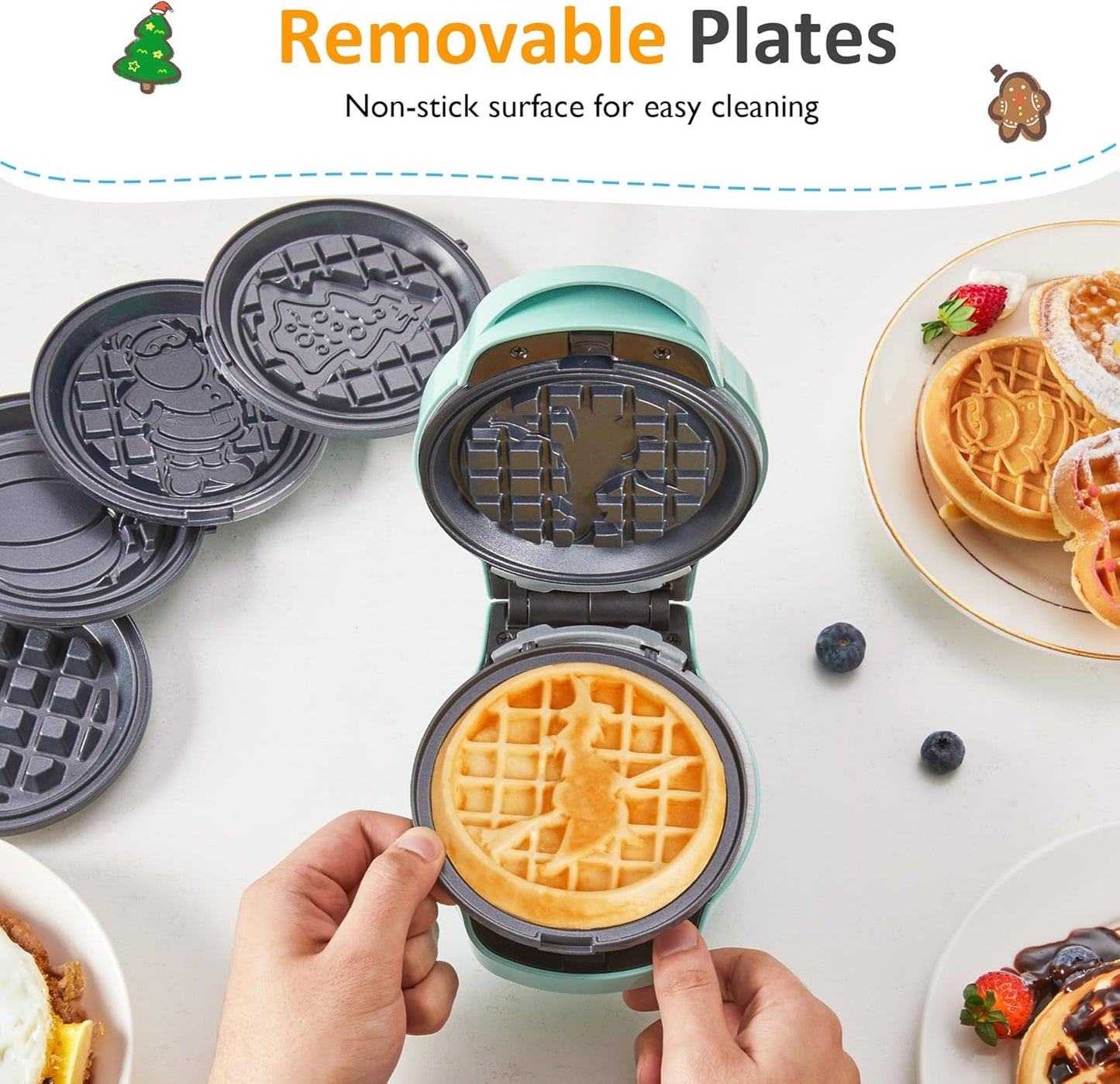 Sunvivi Mini Waffle Maker - 6-in-1 Nonstick Waffle Iron with Removable Plates Set | Light Blue