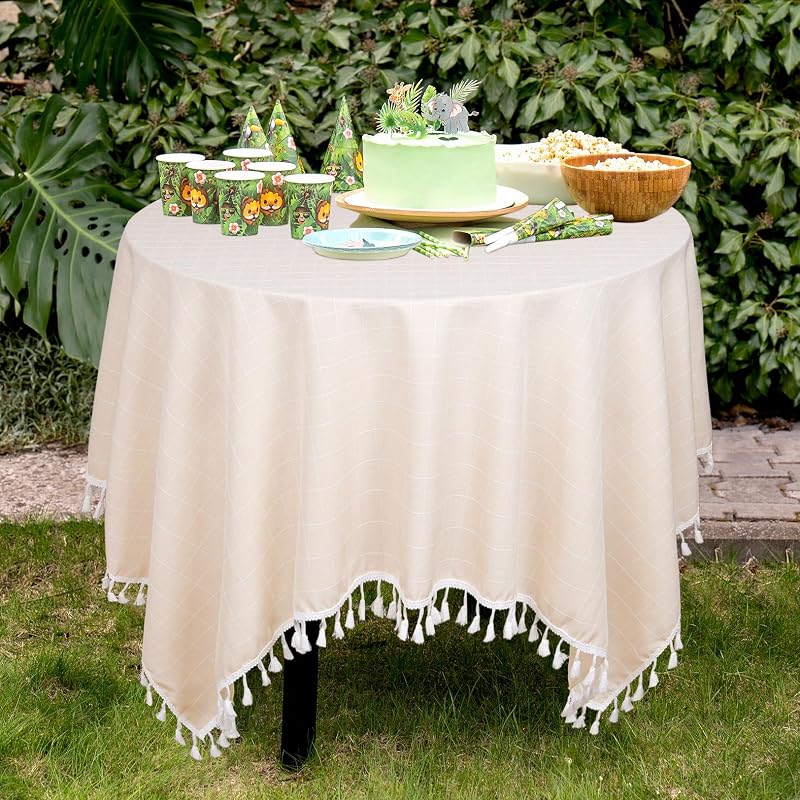 Champagne Checkered Cotton Tablecloth 55x55in with Tassels - Wrinkle-Resistant Linen Overlay
