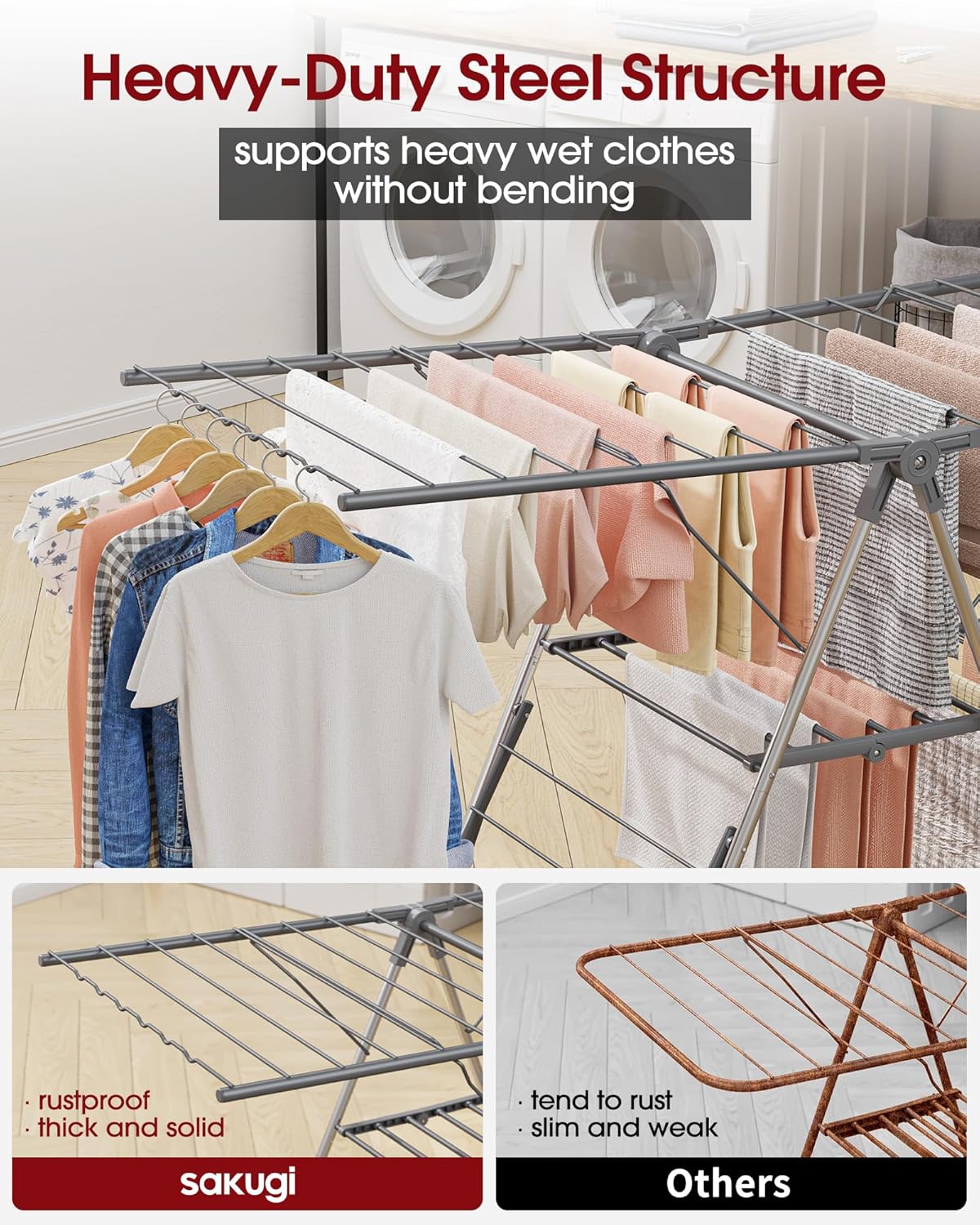 Sakugi Clothes Drying Rack - Foldable 2-Level Design with Height-Adjustable Wings | Space-Saving Indoor & Outdoor Use, Gray 55.5" L × 22.8" W