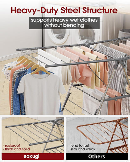 Sakugi Clothes Drying Rack - Foldable 2-Level Design with Height-Adjustable Wings | Space-Saving Indoor & Outdoor Use, Gray 55.5" L × 22.8" W