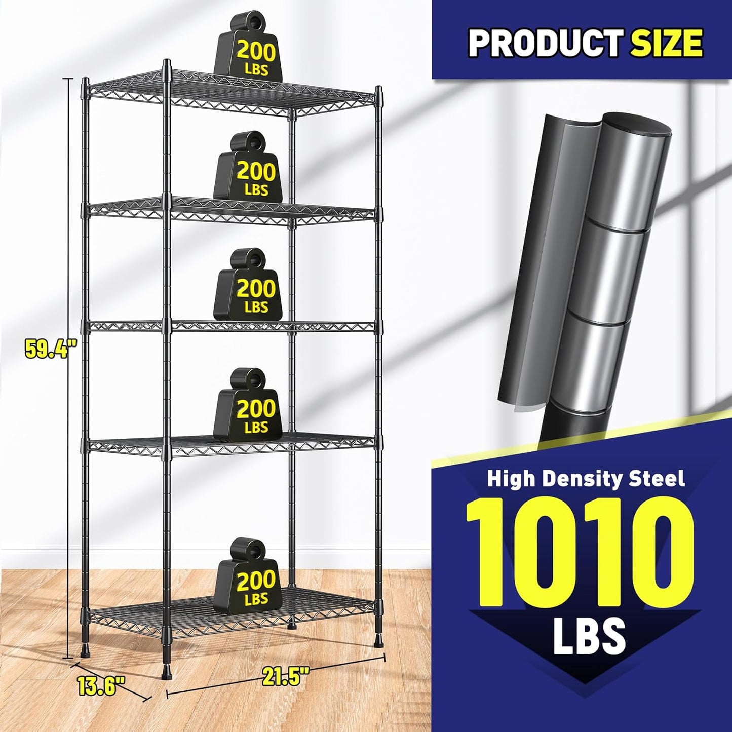 Romorgniz 5-Tier Adjustable Metal Shelving Unit - 1010LBS Capacity for Kitchen, Pantry & Closet | 59.4" H x 21.5" W x 13.6" D