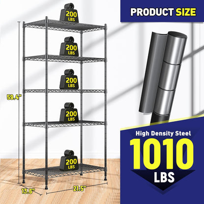 Romorgniz 5-Tier Adjustable Metal Shelving Unit - 1010LBS Capacity for Kitchen, Pantry & Closet | 59.4" H x 21.5" W x 13.6" D