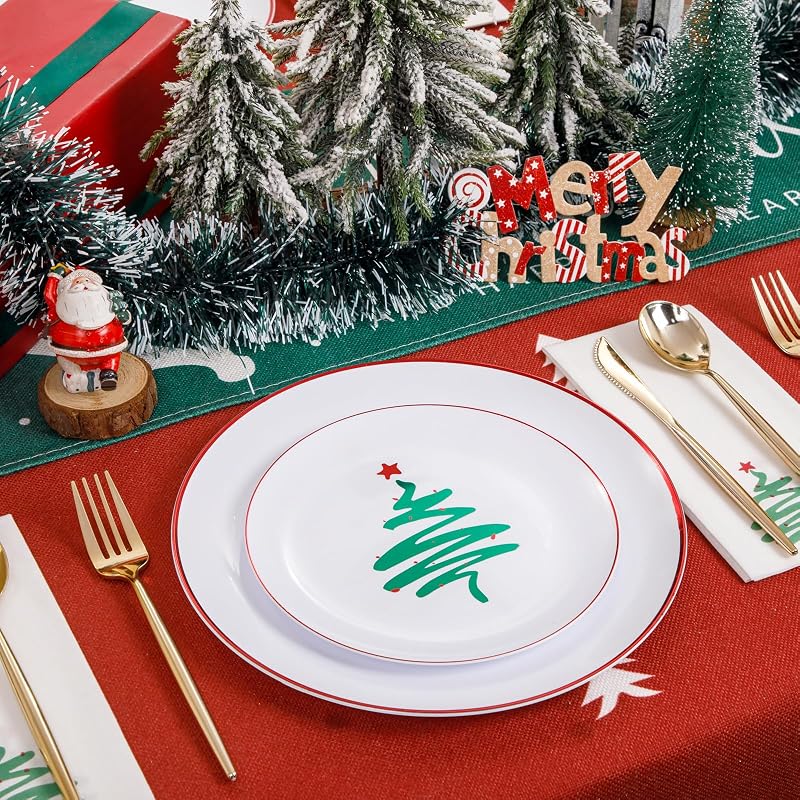 Disposable Christmas Plates 60-Pack - White with Red Rim, 10.25" Dinner + 7.5" Dessert Plates, Party Tableware