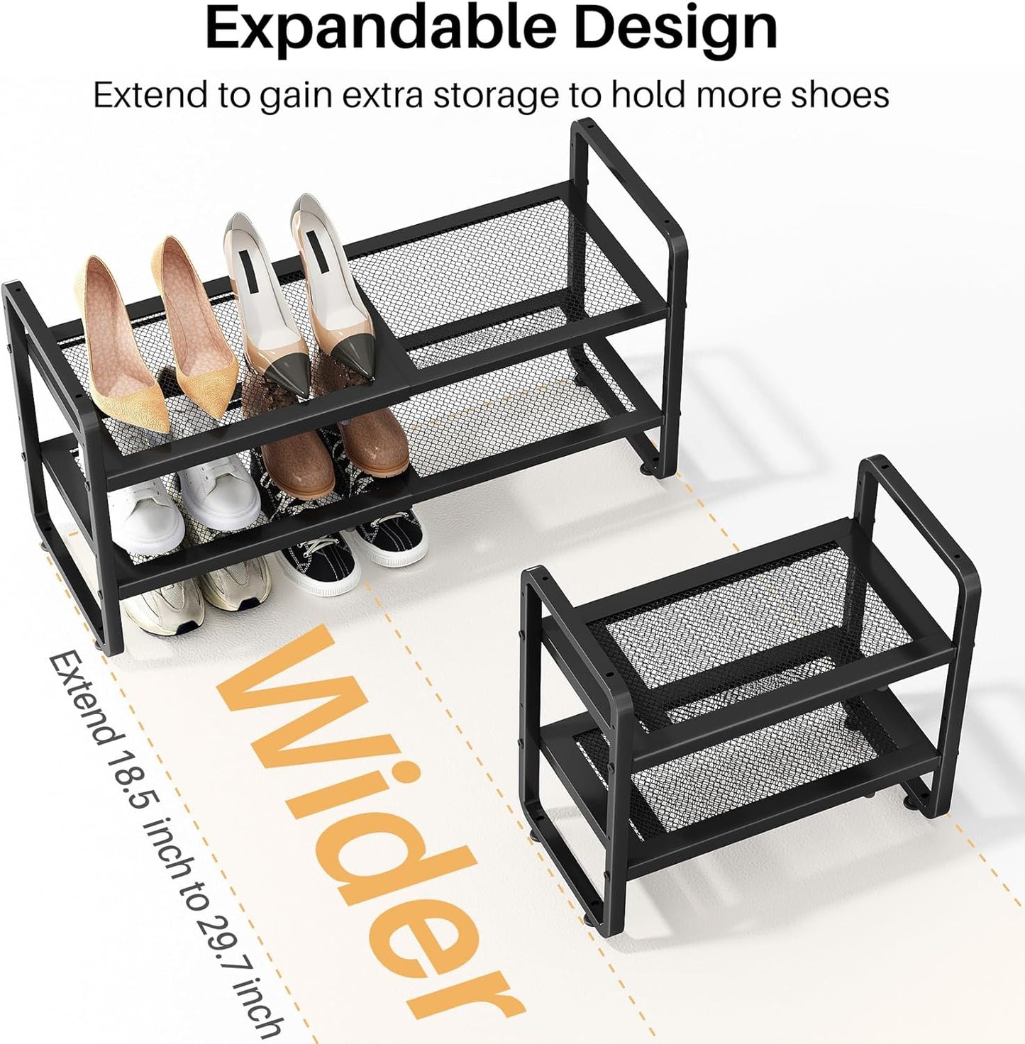 SNTD Shoe Rack - Expandable Adjustable Metal Shoe Organizer | Stackable 2-Tier Storage for Entryway & Garage (Black)