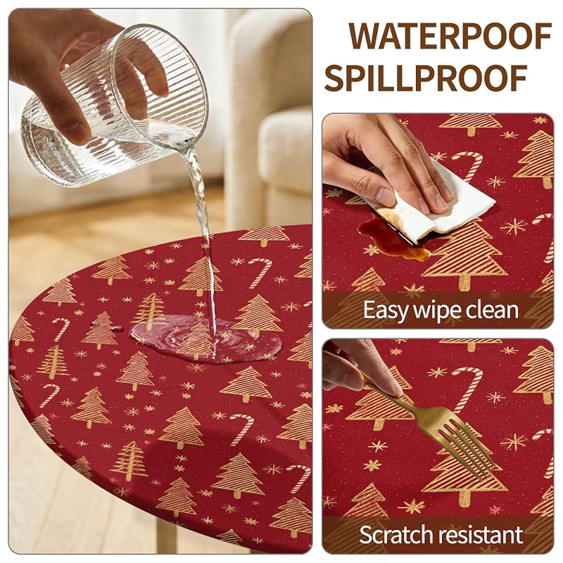 Round Fitted Christmas Tablecloth 37-44in - Elastic Edge, 65in Table Coverage - ARTSGOO Tree + 44" Variation
