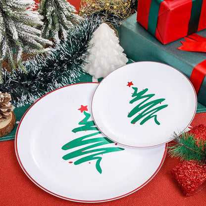 Disposable Christmas Plates 60-Pack - White with Red Rim, 10.25" Dinner + 7.5" Dessert Plates, Party Tableware