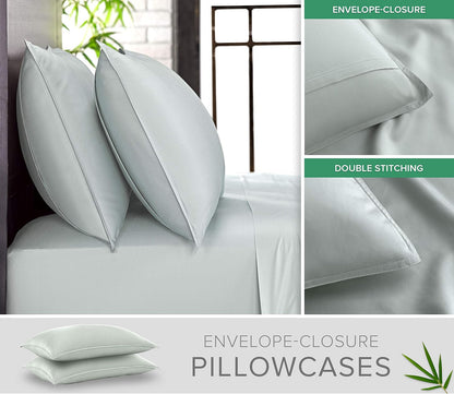 Pure Bamboo Queen Pillowcases - Luxuriously Soft & Cooling 100% Organic Viscose | Double Stitching, Sea Glass (2 Pack)
