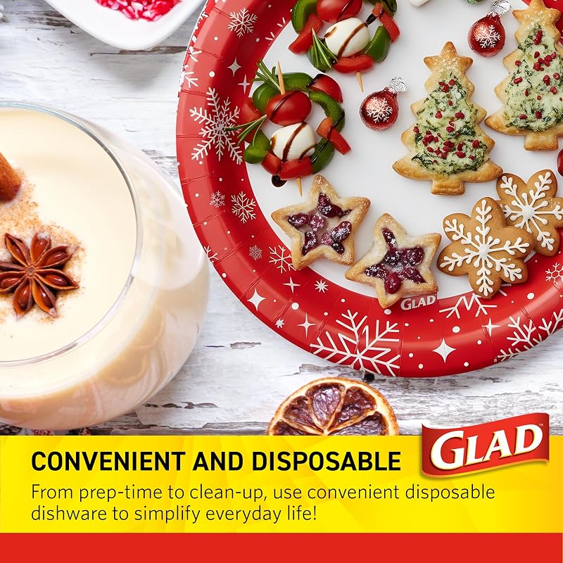 Glad Red Snowflake 7-Inch Disposable Paper Plates, 30 Count - Variation Red+7 Inch