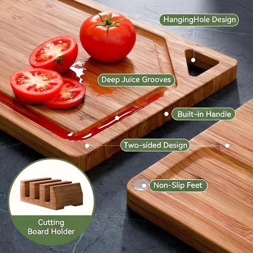 Bamboo Cutting Boards Set - 3-Pack Kitchen Chopping Boards with Deep Juice Grooves & Holder