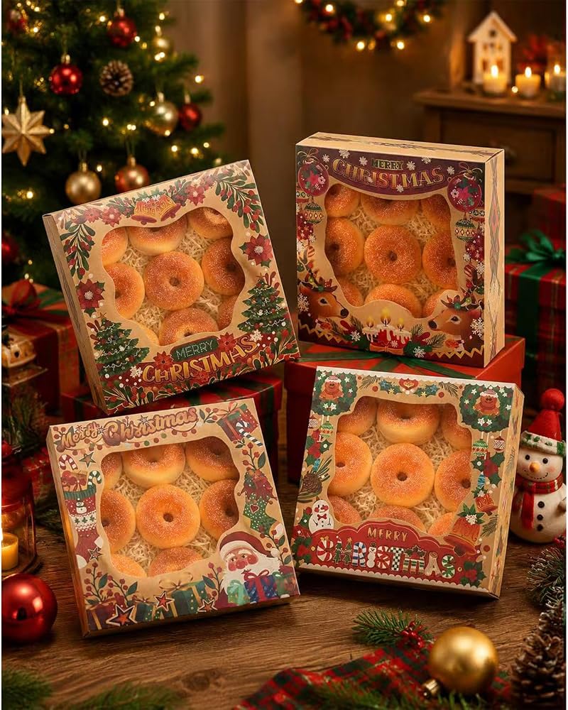 Christmas Kraft Cookie Boxes with Window 30 Pcs 9x9x2.5in - Gift Set, Easy Assemble