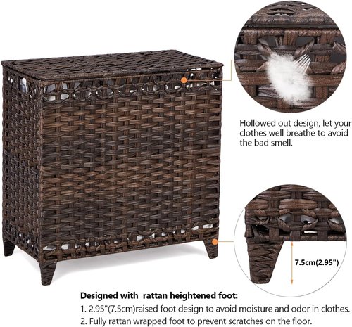 Handwoven Rattan Laundry Hamper - 132L with 3 Removable Liner Bags & Lid | Brown Clothes Sorter