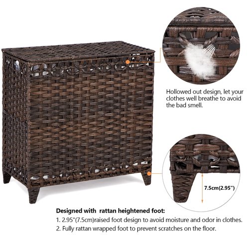 Laundry Hamper with 3 Removable Liner Bags; 132L Handwoven Rattan Laundry Basket with Lid & Heightened Feet; Clothes Hamper with Side Handles; Laundry Sorter with 3 Separate Sections (Brown)