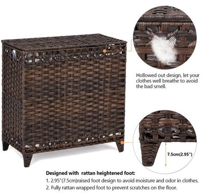 Laundry Hamper with 3 Removable Liner Bags; 132L Handwoven Rattan Laundry Basket with Lid & Heightened Feet; Clothes Hamper with Side Handles; Laundry Sorter with 3 Separate Sections (Brown)