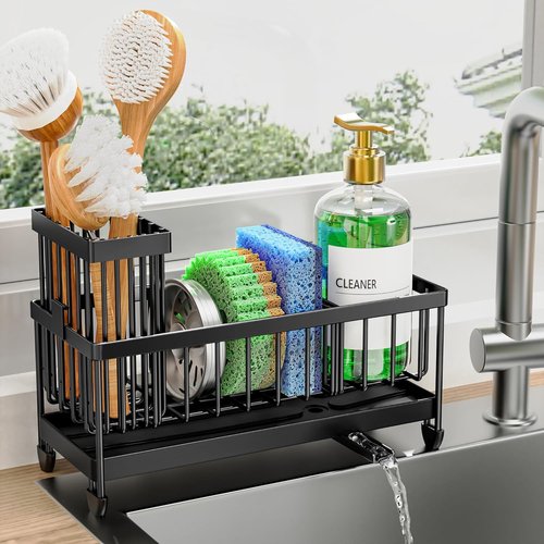 Cisily Kitchen Sink Caddy Organizer - Rustproof 304 Stainless Steel Sponge Holder (Black, 9.25")