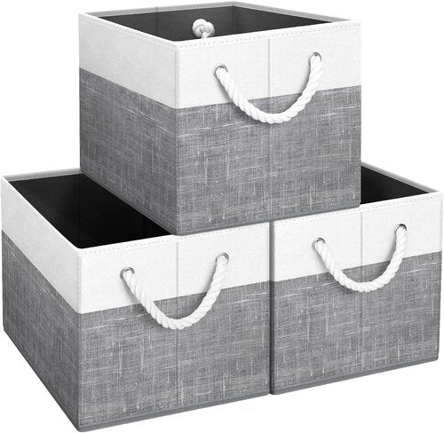 Fab Totes Storage Bins - 3-Pack Foldable Organizing Baskets for Toys & Books | Large White & Grey