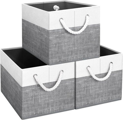 Fab Totes Storage Bins - 3-Pack Foldable Organizing Baskets for Toys & Books | Large White & Grey