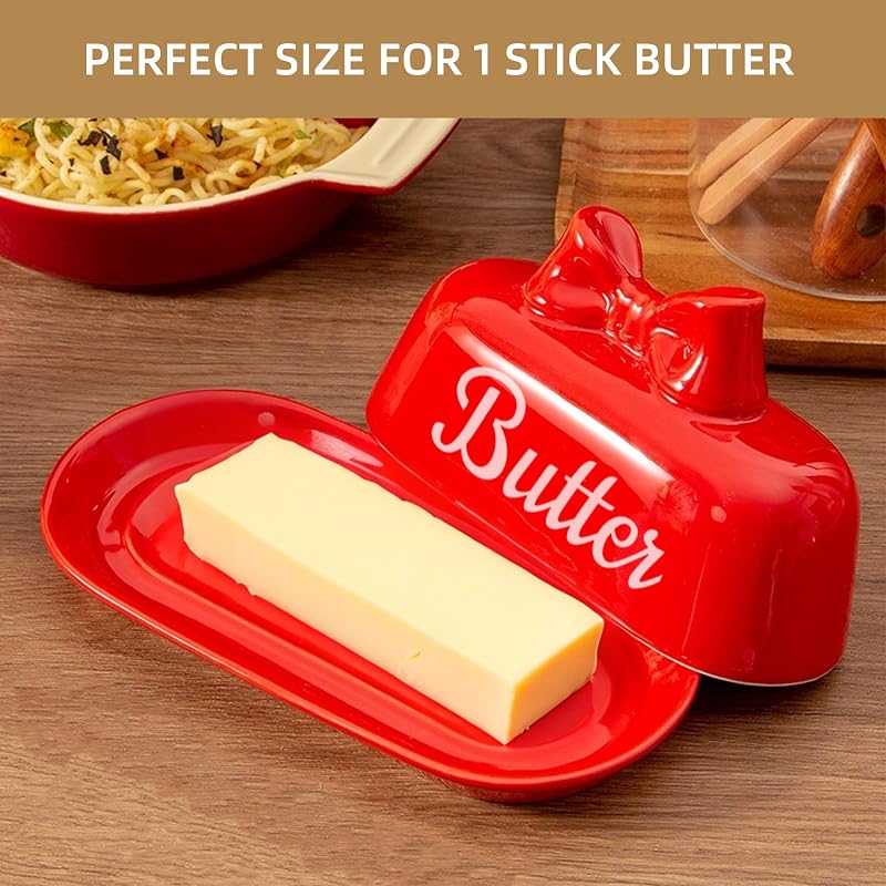 Red Bow Butter Dish - Ceramic Butter Container for Refrigerator (Variation: red bow+Standard)
