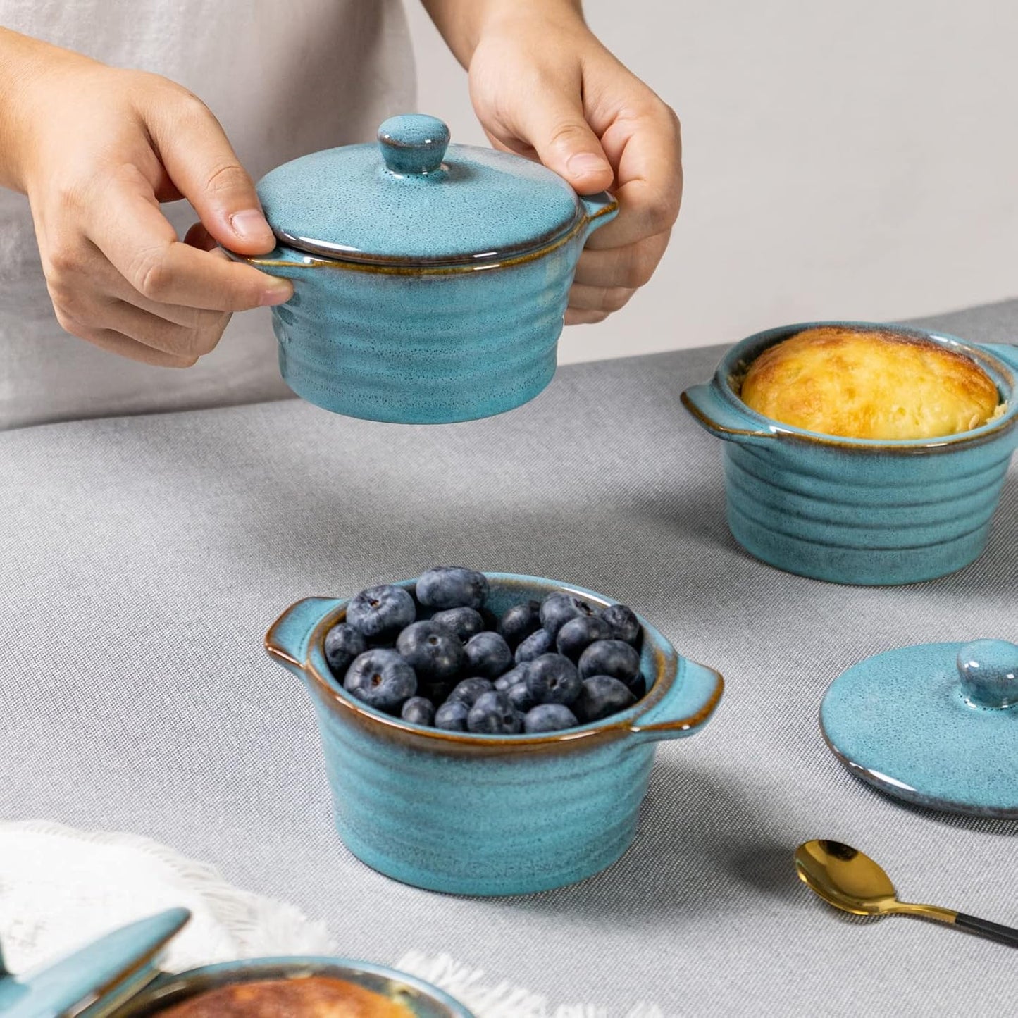 Regine Switzerland 8 oz Creme Brulee Ramekins - Oven Safe Mini Casserole Dishes Set of 4 in Reactive Blue