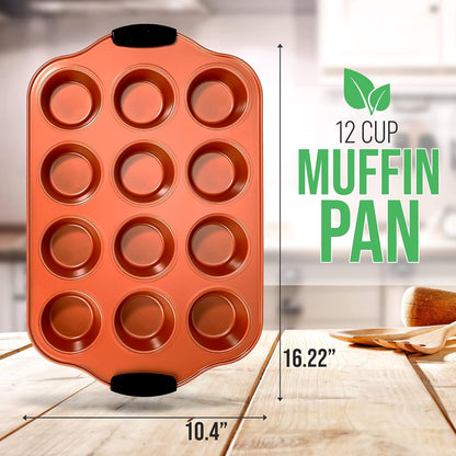 Nutrichef 12-Cup Muffin Pan - Durable Nonstick Carbon Steel Bakeware with Silicone Handles | Easy Clean, Stain Resistant, 16.22'' x 10.43''
