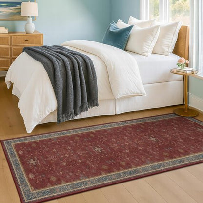 Boho 2x7 Long Runner - Washable Non-Slip Indoor Floor Mat in Dark Red Floral Design