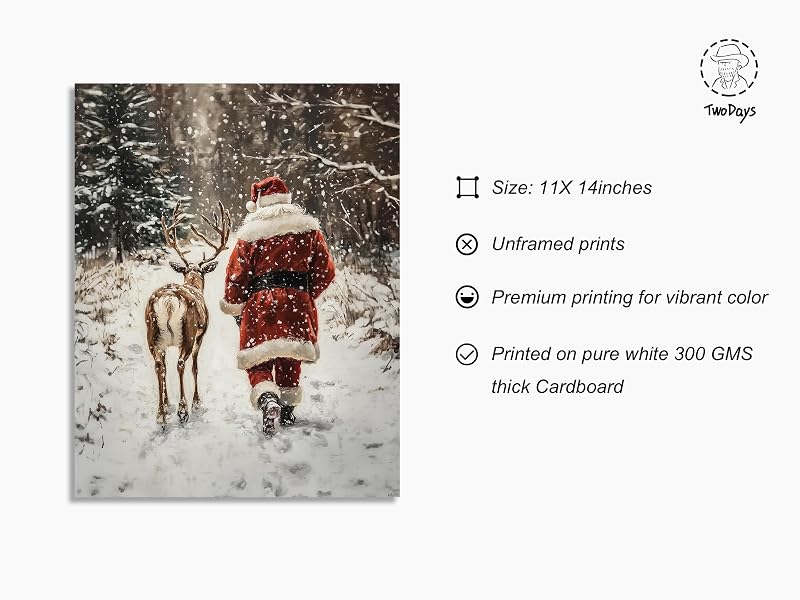 TwoDays Vintage Christmas Wall Art - Santa & Reindeer, 11x14 Unframed - Variation: Santa Claus Reindeer