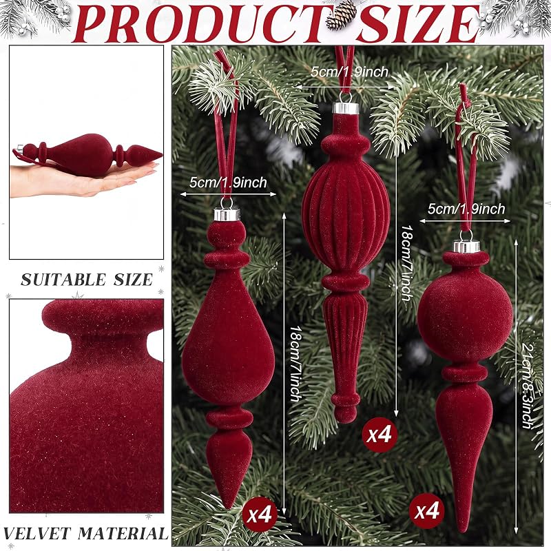 Jetec 12 Pcs Red Velvet Christmas Ornaments with 3 Styles – Flocked Holiday Tree Decorations, Burgundy