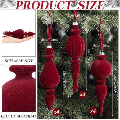 Jetec 12 Pcs Red Velvet Christmas Ornaments with 3 Styles – Flocked Holiday Tree Decorations, Burgundy