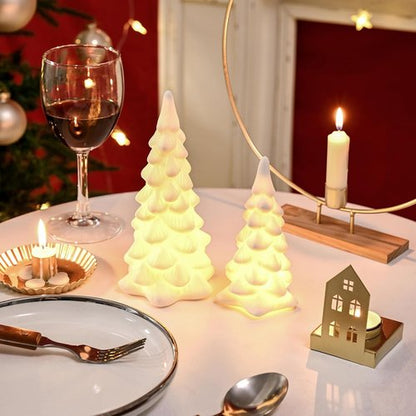 AOMOONOA White Ceramic Christmas Trees - 2Pcs Light Up Porcelain Xmas Tree Figurines for Modern Home Decor