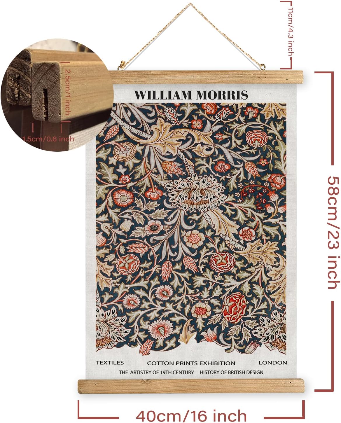MIDEFINCH Vintage Floral Scroll Poster - Retro Botanical Wall Art with Wooden Hanger | 16x23 Inch