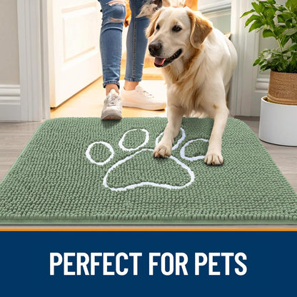 OLANLY Dog Door Mat - Absorbent Muddy Paws Doormat | Non-Slip Chenille, 30x20, Olive Green & White