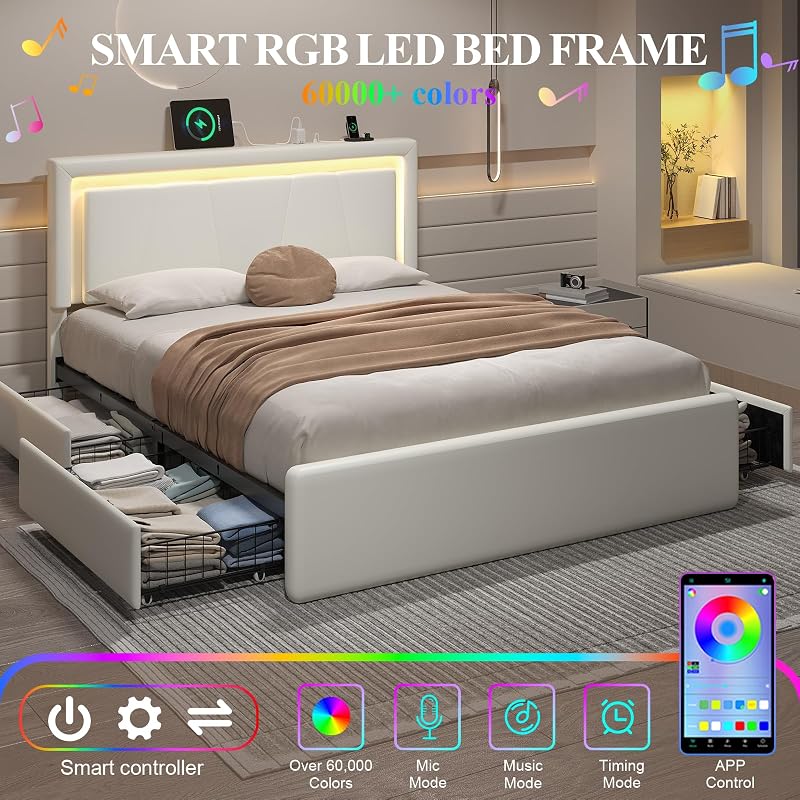 Full Size Bed Frame with 4 Storage Drawers, Upholstered Headboard, White - Variation: White+Full