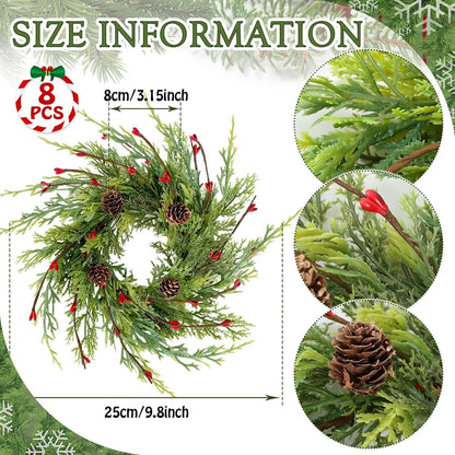 Skiennix 8 Pcs Artificial Christmas Candle Rings - 9 Inch Cedar Pine Garland Wreaths with Red Berries & Pinecones