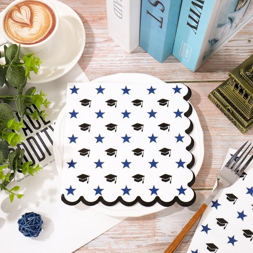 FYSUIMU Graduation Cap Napkins - 100 Pcs Scalloped Disposable Dinner Napkins | Black & Blue Star Design