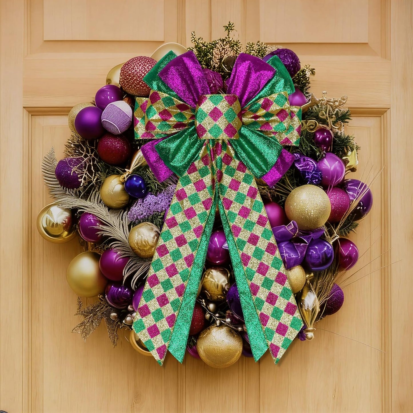 Skiennix Mardi Gras Bows - Large 12”x20” Glitter Tree Topper Decor for Holiday Parties & Wreaths | Gold, Green, Purple