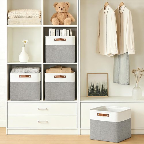 Bagnizer 13x13 Cube Storage Bins - Collapsible Fabric Boxes for Organizing Toys, Clothes | 4 Pack (Grey & White)
