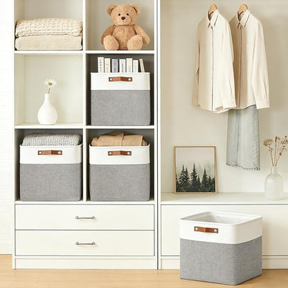 Bagnizer 13x13 Cube Storage Bins - Collapsible Fabric Boxes for Organizing Toys, Clothes | 4 Pack (Grey & White)