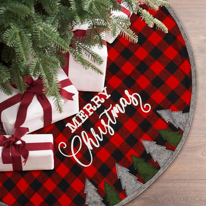 Juegoal 32-Inch Christmas Tree Skirt - Soft Red and Black Plaid Mat for Holiday Decor