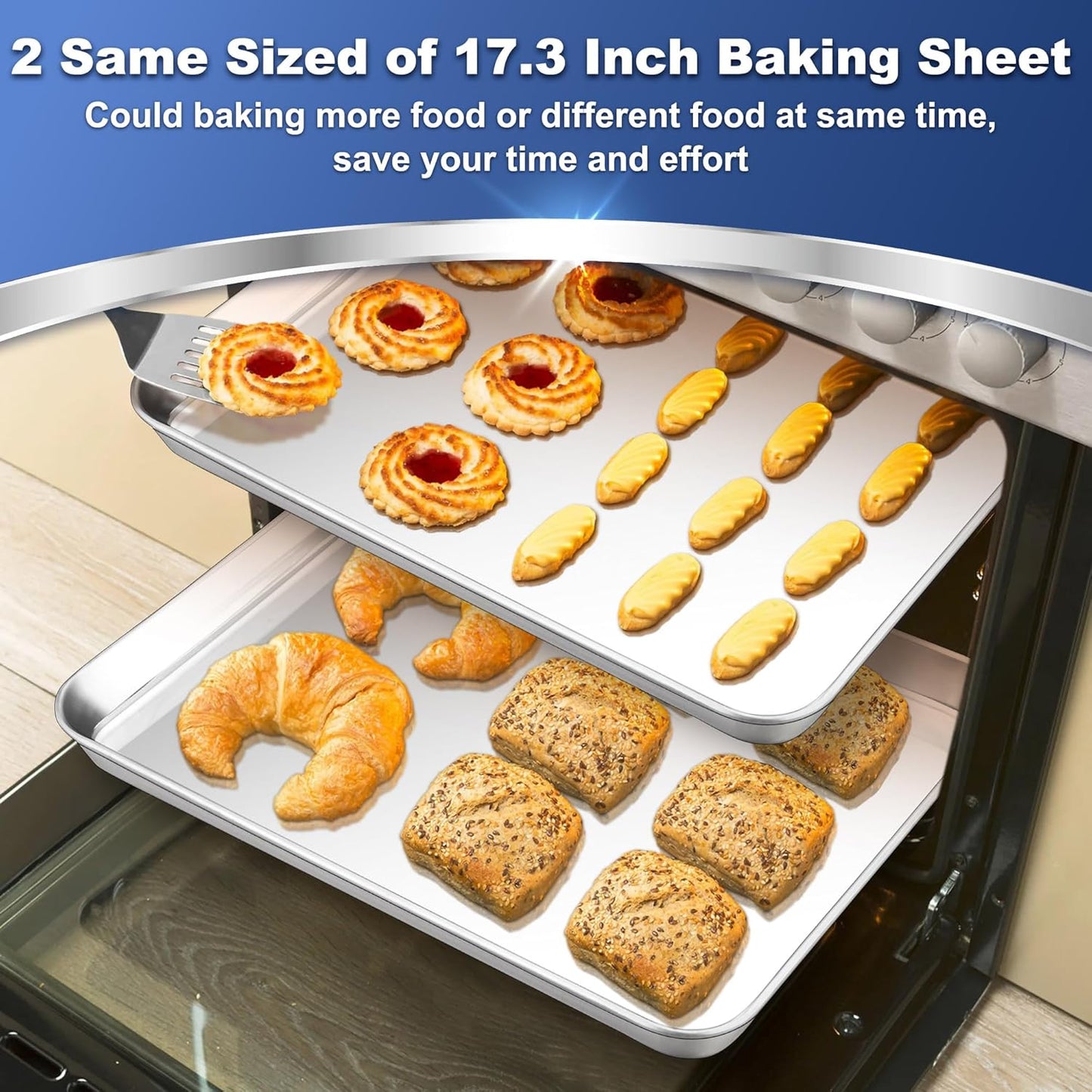 P&P CHEF Baking Cookie Sheet - 17.3 Inch Stainless Steel Oven Pan | Heavy Duty & Dishwasher Safe, Set of 2