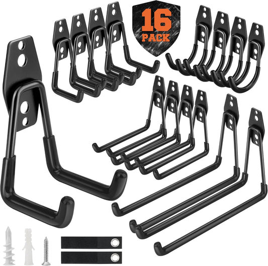 Nacial Heavy-Duty Garage Hooks - 16 Pack Utility Steel Wall Mount Storage for Bikes, Ladders & Tools