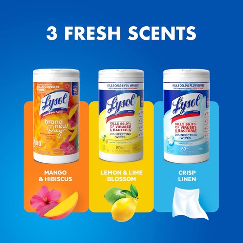 Lysol Disinfectant Wipes Bundle - Multi-Surface Cleaning Wipes in Lemon & Lime Blossom, Crisp Linen, Mango & Hibiscus | 3 Packs of 80 ct
