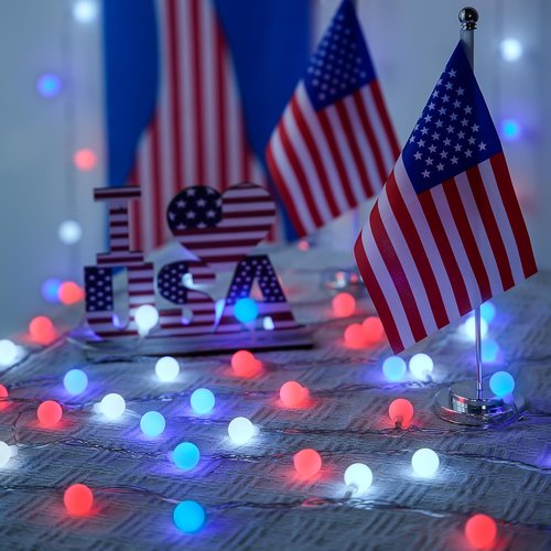 JMEXSUSS 100 LED Connectable Red, White, and Blue Globe String Lights - 33ft Indoor/Outdoor with Remote & 8 Modes for 4th of July Decor