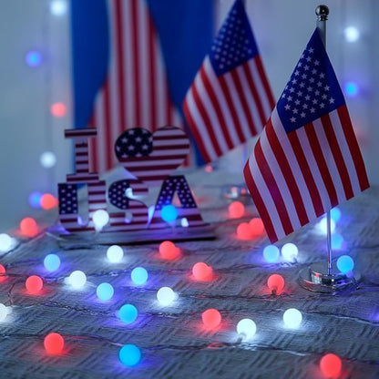 JMEXSUSS 100 LED Connectable Red, White, and Blue Globe String Lights - 33ft Indoor/Outdoor with Remote & 8 Modes for 4th of July Decor