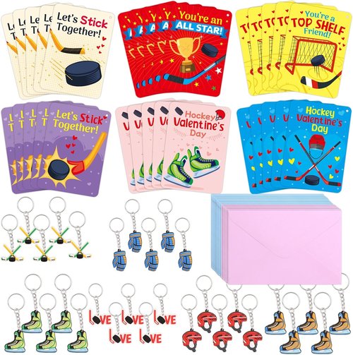 Fancy Land 30-Pack Valentine's Day Cards - Kids' Hockey-Themed Gift Set with Keychains