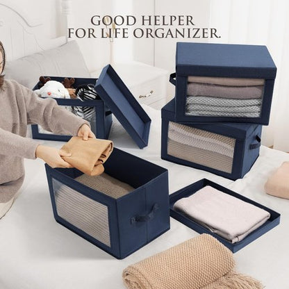 Homsorout Foldable Storage Boxes - Decorative Fabric Baskets with Clear Window, Navy Blue, 4-Pack
