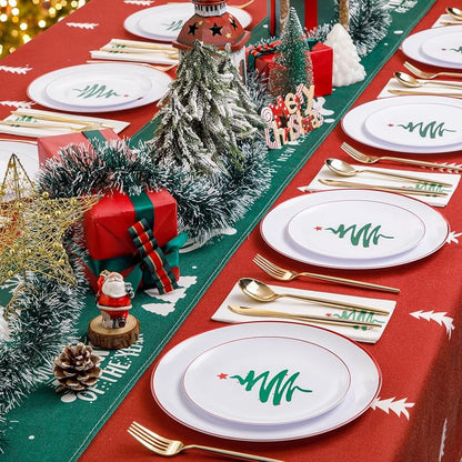 Disposable Christmas Plates 60-Pack - White with Red Rim, 10.25" Dinner + 7.5" Dessert Plates, Party Tableware