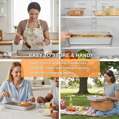 E-far Toaster Oven Baking Pan Set - Stainless Steel Rectangle Sheet Cake Pans with Lids | 10.4” x 8” x 2”