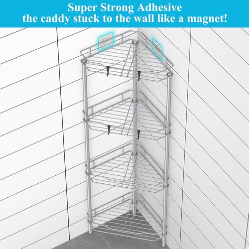 HuggieGems 4-Tier Corner Shower Caddy Organizer - Bathroom Shelf Stand Rack with Hooks, Silver